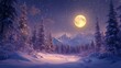 © Nottenaj - 44. Photorealistic winter night with a snow-covered forest, a full moon, and twinkling stars creating a magical scene