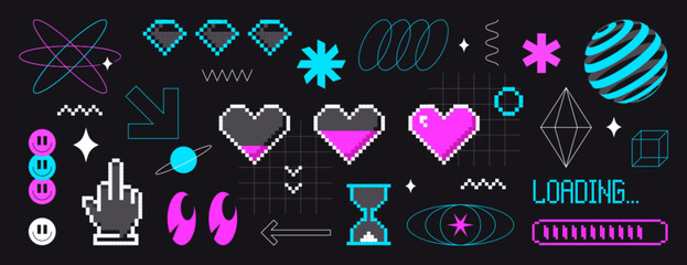 Poster - Set of pixel art arrows, smiles, eyes, love hearts, abstract geometric figures in 8bit retro style. Pixelated y2k trendy stickers, simple shapes, rave futuristic cyberpunk elements on black background