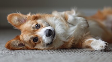 Wall Mural - Cuddly Corgi Relaxing on Soft Carpet in Cozy Living Room Afternoon