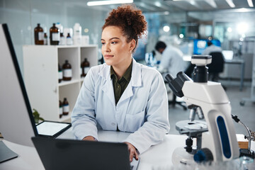 Aufkleber - Computer, DNA and science with woman in laboratory for development, innovation or research. Laptop, microscope and pharmaceuticals with scientist typing at work on medical breakthrough or discovery
