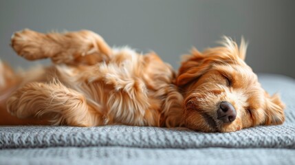 Sticker - Adorable Golden Retriever Puppy Sleeping Peacefully on Cozy Blanket Indoors During Afternoon Sunshine