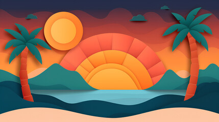 Wall Mural - Tropical Sunset with Palm Trees and Paper Cut Style Illustration