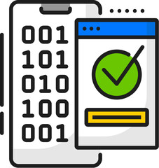 Poster - Mobile system software update successful loading line icon. Smartphone app update, cellphone driver download or system software technology line vector icon with binary code on smartphone screen