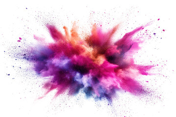 Poster - A dynamic burst of vibrant pink, purple, and orange powder, creating a stunning explosion of colors on a transparent background, capturing energetic motion.