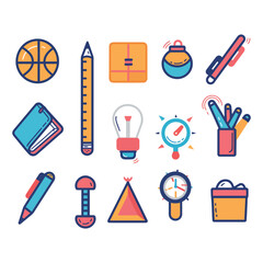 Fototapete - school icons set , hand drawing colorful graphics elements outline symbol for architecture and educational business , medical, web tools isolated Vector illustration in stroke fill in white background