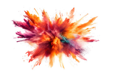 Poster - An abstract depiction of an explosion of multi-colored powder, blending red, orange, and purple hues to create a striking display of motion and vibrancy.