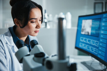 Aufkleber - Computer screen, face and microscope with woman in laboratory for development, innovation or research. Analysis, pharmaceuticals and study with scientist at work on medical breakthrough or discovery