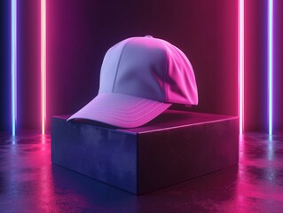 Wall Mural - Fashion mockup of white cap with vibrant neon lights and dark background