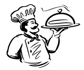 Wall Mural - Chef male cook in uniform holding restaurant cloche. Emblem or logo design. Vector illustration for cafe menu