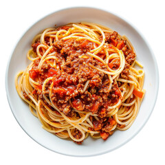 Wall Mural - A close-up of spaghetti bolognese on a white plate.