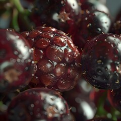 Wall Mural - Close-up of blackberries and raspberries with water droplets, highlighting their glossy texture.