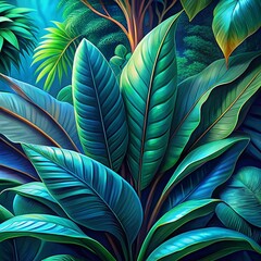 close-up macro nature exotic bright blue green leaves texture tropical jungle plant background.curve