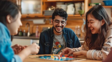 Wall Mural - Four friends, 3 females and 1 male, play a board game around a kitchen table, enjoying each other's company in a modern, cozy setting.