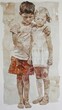 © COK House - Artwork 'Brothers' shows 2 children in an intimate pose, boy with arm around girl. Watercolor, crackle technique, warm colors convey closeness.