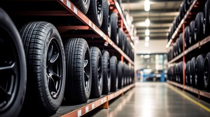 Car tires in a warehouse, close-up. Auto service industry