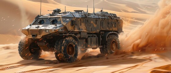 An armored vehicle with wheels moves through a desert, kicking up red dust. The side of the vehicle has armor plating, facing left, with no visible occupants.