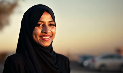 Poster - Portrait of a beautiful muslim woman with hijab smiling at the camera.