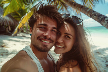 Wall Mural - AI generated photo of happy person taking selfie picture on summer vacation day outdoors