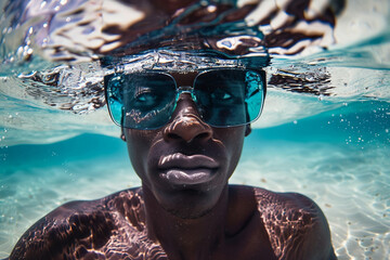 Wall Mural - AI generated photo of man wearing summer glasses taking selfie picture on summer vacation day