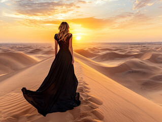 A woman in a black dress is walking on a sandy beach at sunset