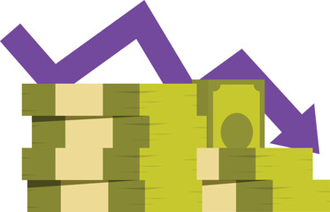 Poster - Purple arrow is pointing down over a pile of money that is decreasing