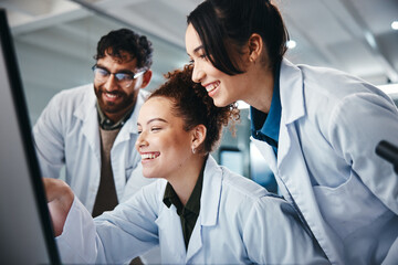 Wall Mural - Science, group and computer with teamwork, research and online reading with medical cure. Employees, researchers and pc with internet, email and approval for lab funding, collaboration with expert