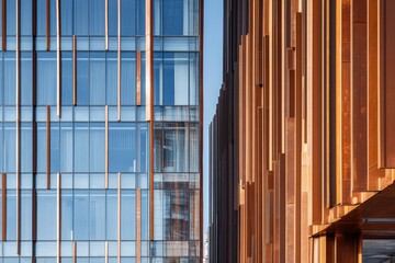 Architect's rendering of an office building in which glass windows line up with the facade. Exterior of a modern commercial building.