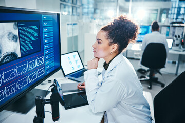 Wall Mural - Computer, screen and scientist in laboratory with thinking, planning and analysis with medical research. Healthcare, woman doctor and brainstorm with digital for experiment, investigation and results