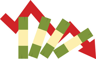 Poster - Stack of money bills falling like dominoes with red arrow graph going down, concept of financial crisis