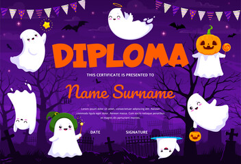 Wall Mural - Halloween kids diploma with cute kawaii ghost characters on cemetery, vector certificate. Education diploma or graduation award with cartoon boo ghosts in witch pumpkin mask with magic wand and bats