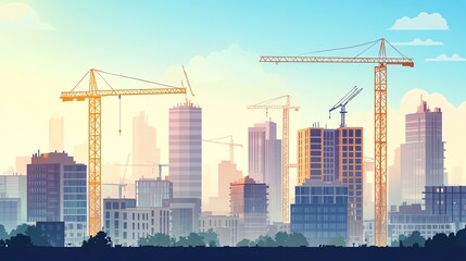 Urban skyline with construction cranes and modern buildings, showcasing growth and development in a vibrant cityscape.