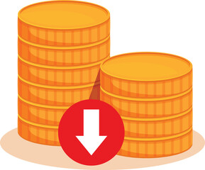 Poster - Stacks of gold coins decreasing with a red down arrow, representing economic crisis