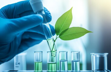 Canvas Print - Biological concept of green leaf in laboratory test tube in scientist's hand on white background