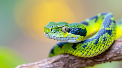 Wall Mural - Green Snake in Wildlife Habitat. Captivating Close-up of a Colorful Green and Black Snake Displaying its Unique Patterns. Nature Photography