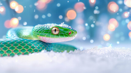 Wall Mural - Colorful Green Snake on Snowy Background with Bokeh Effect. Stunning Close-Up of a Vibrant Snake in a Winter Wonderland Setting. Captivating and Colorful Wildlife Photography