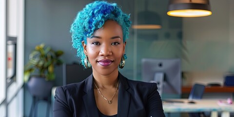 Black female CEO with blue hair, office background