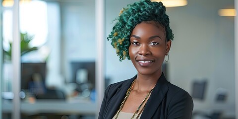 black female CEO with green hair, office background