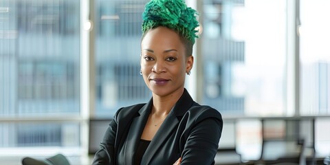 Wall Mural - black female CEO with green hair, office background