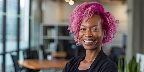 Wall Mural - female CEO with pink hair, office background