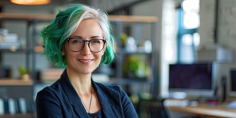 Wall Mural - female CEO with green hair, office background