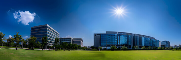 Wall Mural - Exterior view of a high-end large hospital on a sunny day with blue sky and no clouds