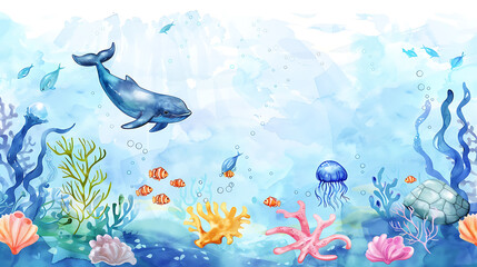 Watercolor illustration of a blue whale, coral, and fish in a blue and orange ocean scene, perfect for children's nursery decor. 
