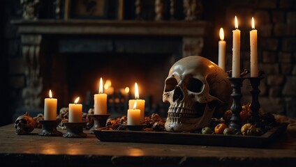 Skull with candles old fireplace Horror Halloween background