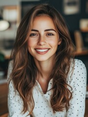 Wall Mural - A person with long brown hair smiling directly at the camera