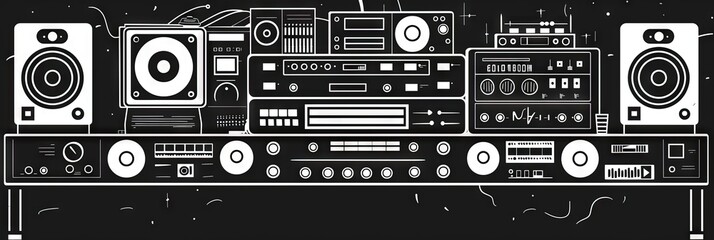 reggae sound system black and white flat illustration 