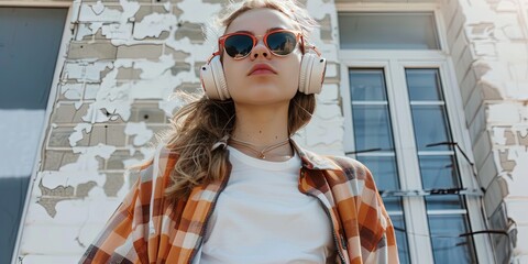 Wall Mural - Gen Z woman wearing streetwear clothing, short pants, sunglasses, headphones, copy space, -