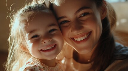 A warm moment captured between a woman and her young daughter, smiling together for the camera