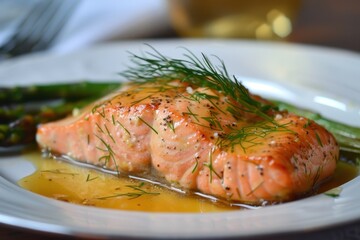 Wall Mural - A serving of baked salmon fillet, topped with a honey mustard glaze and garnished with dill, served with a side of asparagus