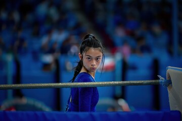 Wall Mural - a young girl is standing on the bars of a gymnastics competition