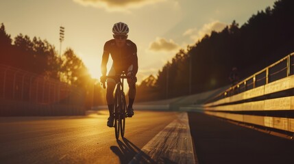 Wall Mural - a person riding a bike on a road at sunset